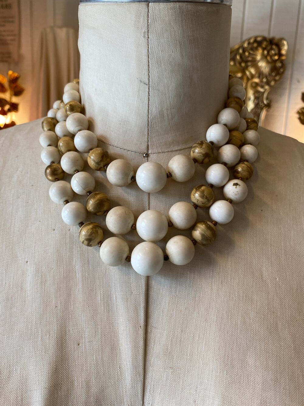 vintage 1950s multi strand beaded necklace set, clip on earrings, gold cream mcm